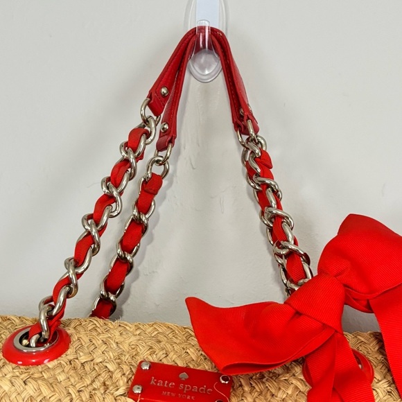 KATE SPADE Women’s Beige Red POINT BREEZE Coal Straw Tote Bag Large Bow 12” X 8” - Picture 3 of 13